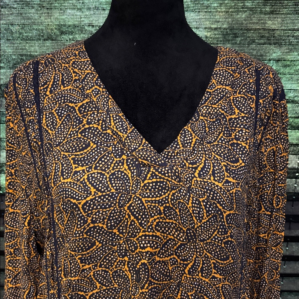 Hinge Women’s Blue & Orange Floral Print LS V-Neck Lace Accent Blouse‎ SZ XL - Picture 2 of 9